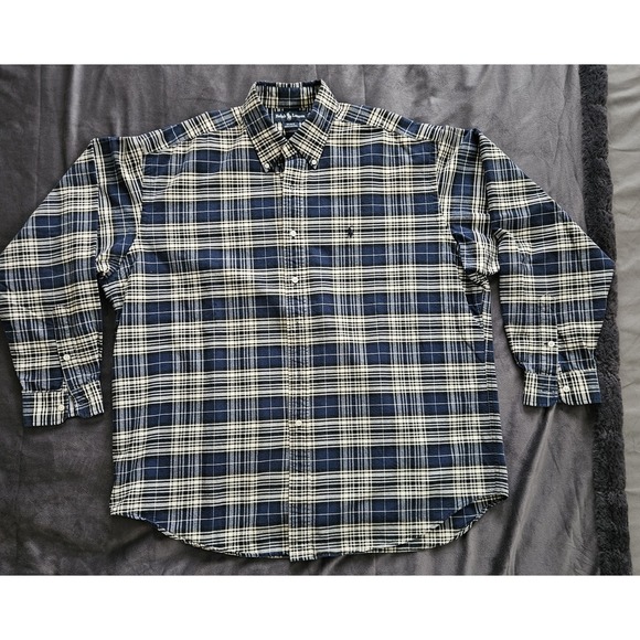 Ralph Lauren Men's Plaid Blue White Long Sleeve Button-Up Flannel Shirt XL - Picture 2 of 6